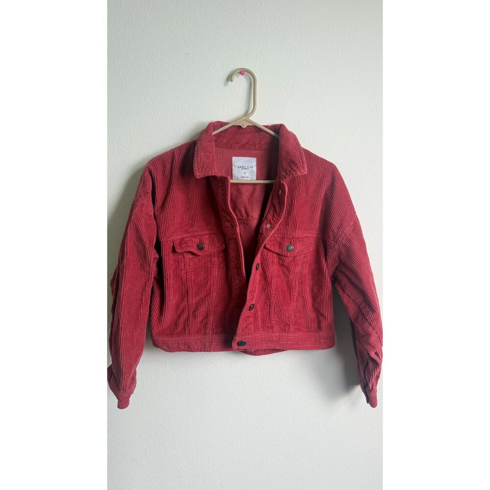 Angel Kiss Womens S Red Corduroy Cropped Trucker Jacket Button Front Shacket